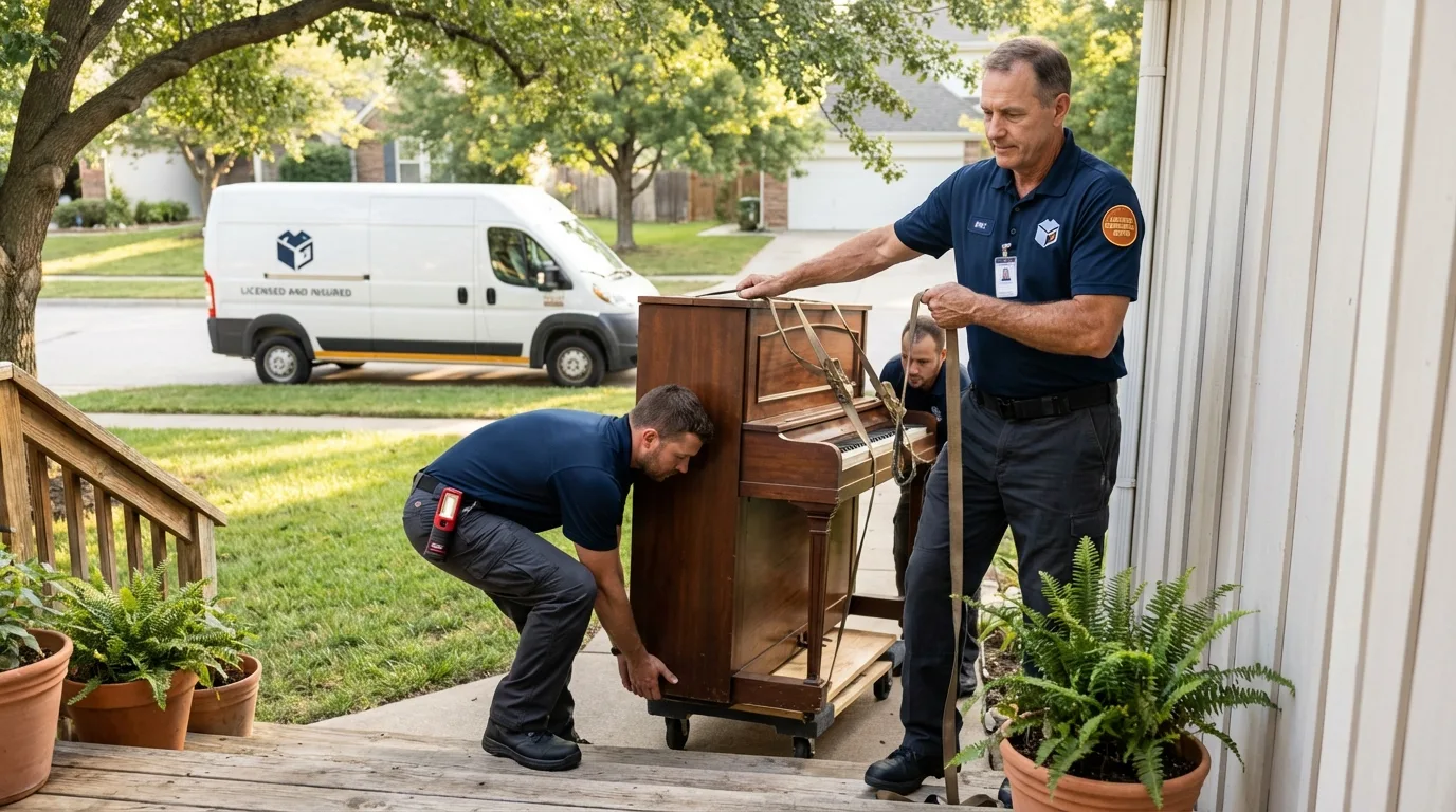 Licensed piano movers securing grand piano in Crawfordville, GA