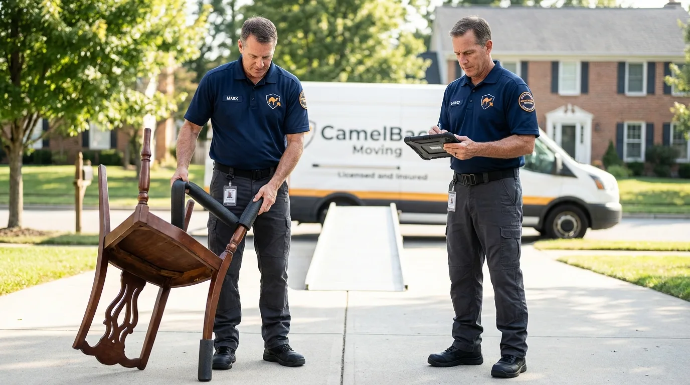 Movers inspecting furniture for damage prevention before loading in Crawfordville, GA