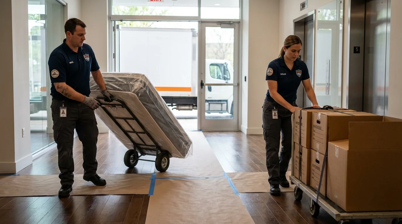 Professional apartment movers loading elevator in Crawfordville, GA