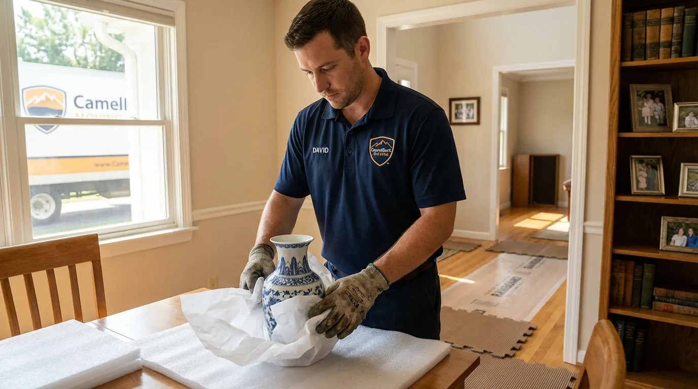 Professional crew carefully wrapping antique vase for senior downsizing move in Crawfordville, GA